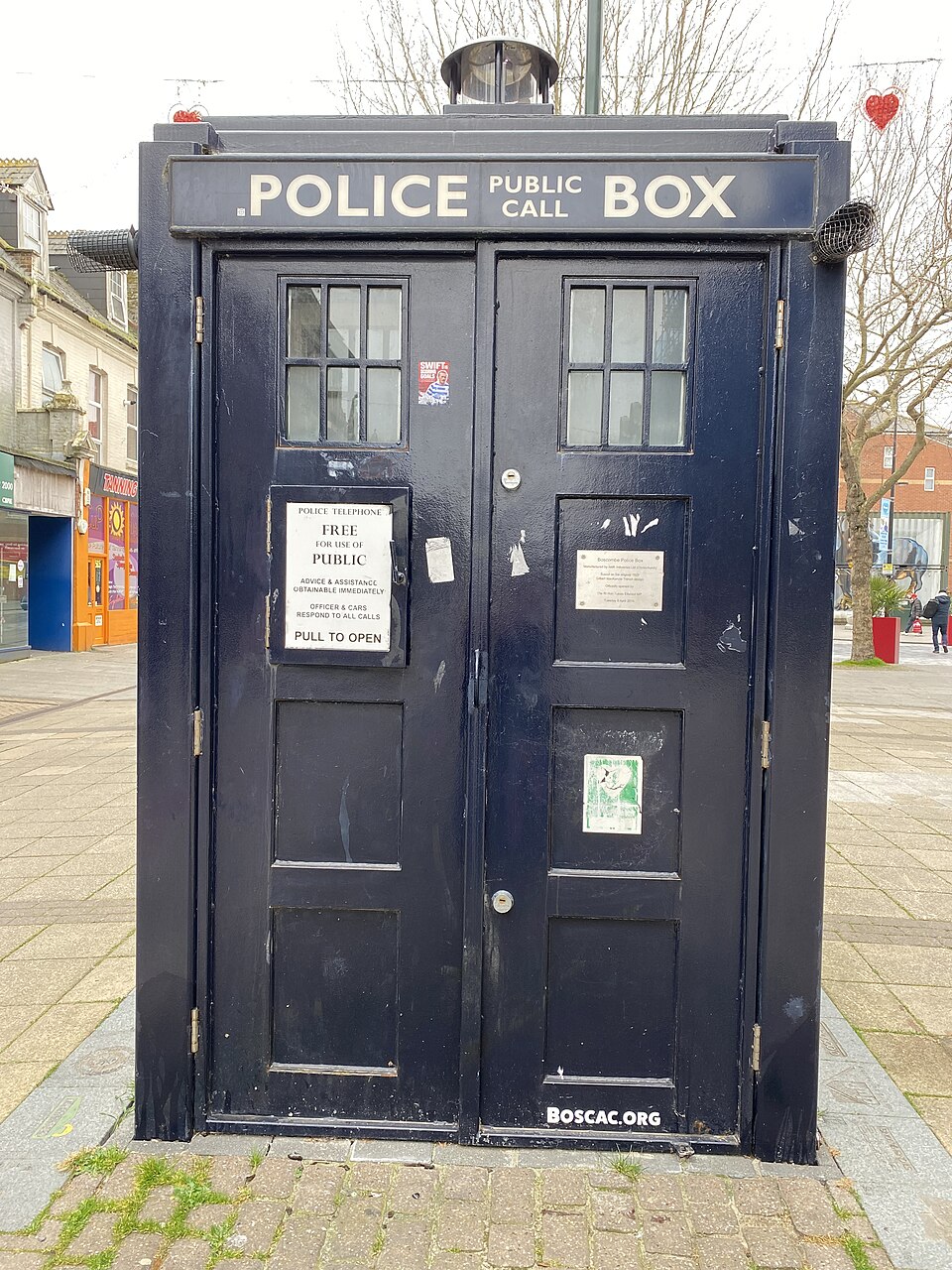 Blue TARDIS-style police box in Boscombe, Bournemouth